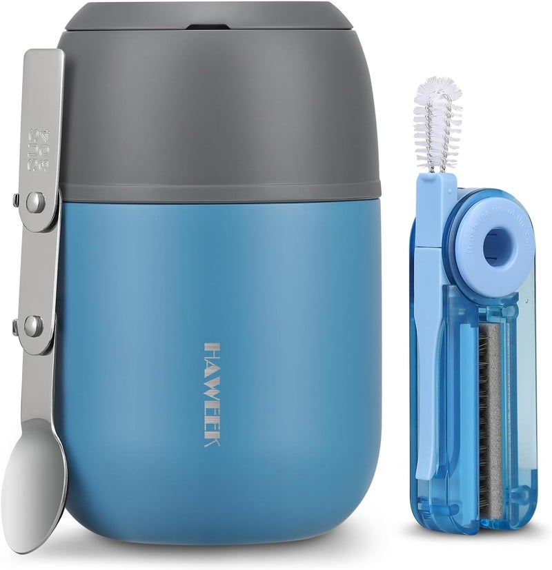 Haweek 17oz Soup Thermo for Hot Food Adults Insulated Food Jar Thermo Hot Food Lunch Container Wide Mouth Stainless Steel Lunch Box for Kids with Folding Spoon Cleaning Brush Gray Blue - Image 1